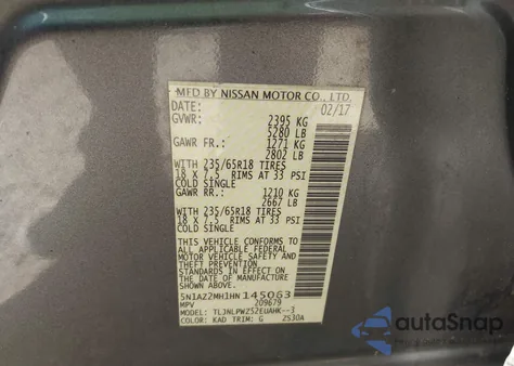 2017 Nissan Murano S z USA, uszkodzony, nr VIN 5N1AZ2MH1HN145063